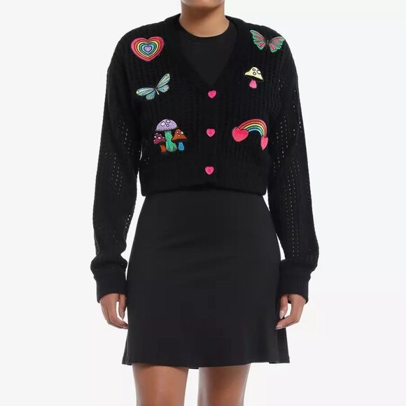 Social Collision Rainbow Icon Crop Knit Black Cardigan XL - Picture 2 of 13